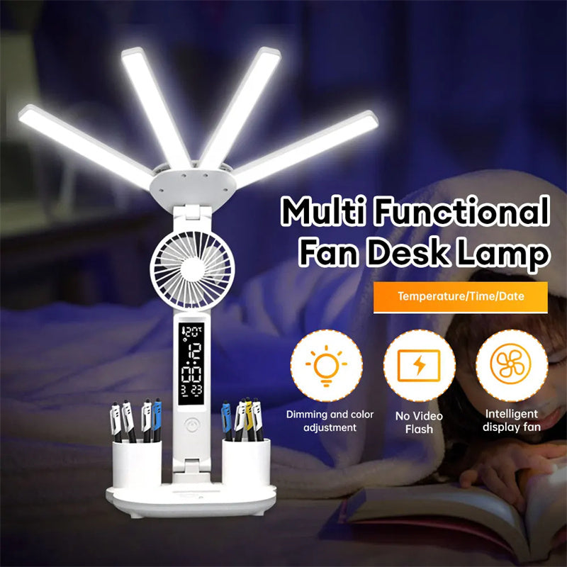 3-in-1 Multifunction LED Desk Lamp – Folding Desk Light with Fan, Clock Display & USB Charging