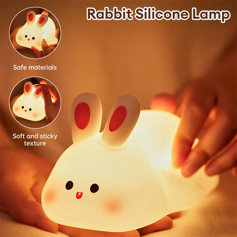 Cute Rabbit LED Night Light – Touch Sensor Silicone Bunny Lamp, USB Rechargeable Kids Bedside Lamp, Soft Dimmable Cartoon Night Light for Bedroom Decor