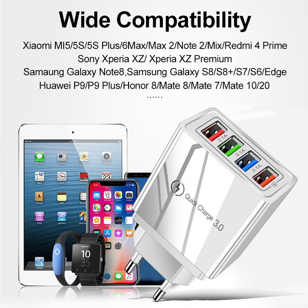 4-Port USB Wall Charger Quick Charge 3.0 – Fast Charging Multi Device Power Adapter for Phone, Tablet & Travel Use