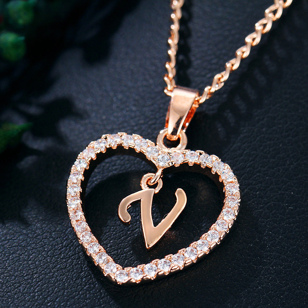 Alphabet Heart Zircon Pendant Necklace – Stainless Steel & Alloy Chain Jewelry