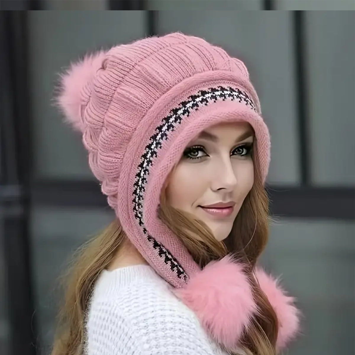 Knit Fleece-Feel Beanie with Ear Flaps & Pompom – Warm Winter Hat