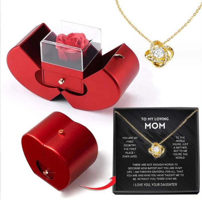 Apple-Shaped Eternal Rose & Necklace Gift Box – Heart Pendant with Soap Flower