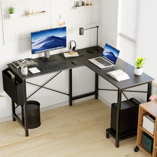 L-Shaped Computer Desk with Dual Monitor Support & Metal Frame