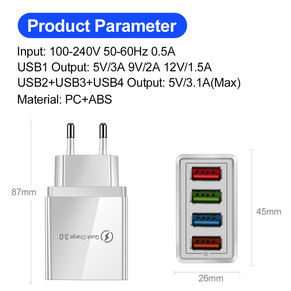 4-Port USB Wall Charger Quick Charge 3.0 – Fast Charging Multi Device Power Adapter for Phone, Tablet & Travel Use