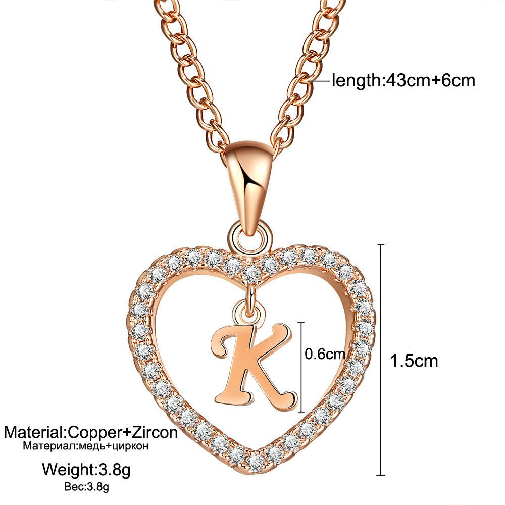 Alphabet Heart Zircon Pendant Necklace – Stainless Steel & Alloy Chain Jewelry