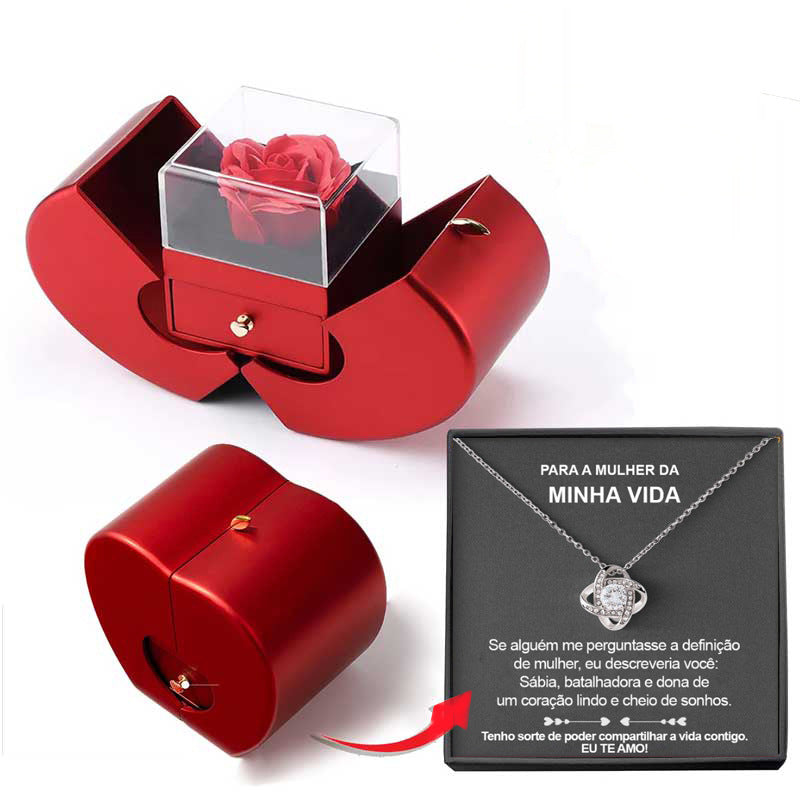 Apple-Shaped Eternal Rose & Necklace Gift Box – Heart Pendant with Soap Flower