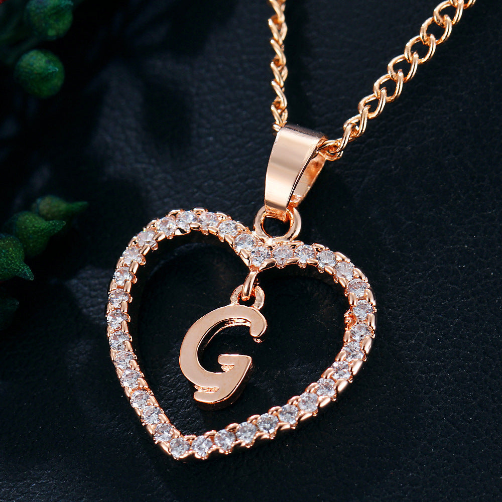 Alphabet Heart Zircon Pendant Necklace – Stainless Steel & Alloy Chain Jewelry