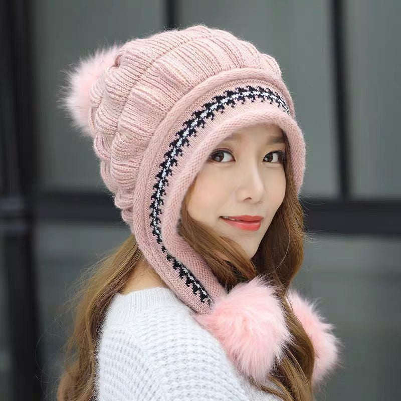 Knit Fleece-Feel Beanie with Ear Flaps & Pompom – Warm Winter Hat