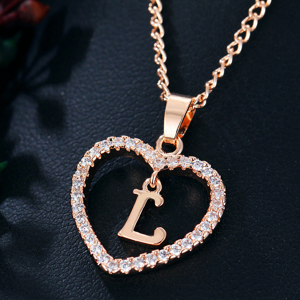 Alphabet Heart Zircon Pendant Necklace – Stainless Steel & Alloy Chain Jewelry