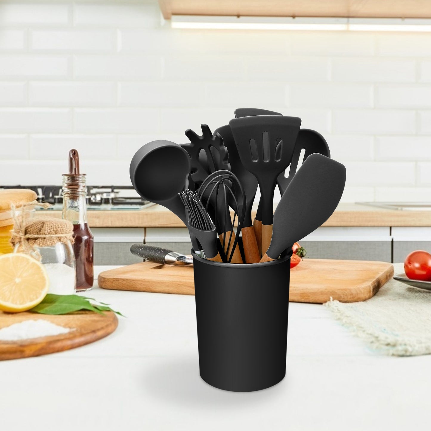 11-Piece Premium Silicone Kitchen Utensil Set with Wooden Handles