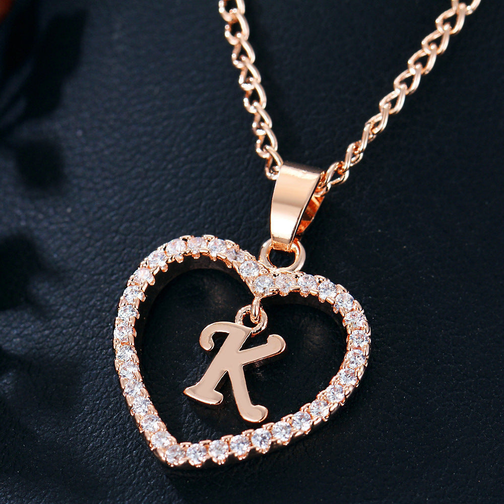 Alphabet Heart Zircon Pendant Necklace – Stainless Steel & Alloy Chain Jewelry