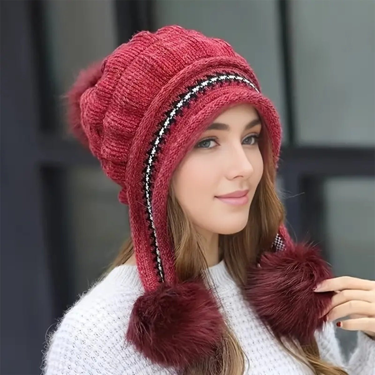 Knit Fleece-Feel Beanie with Ear Flaps & Pompom – Warm Winter Hat