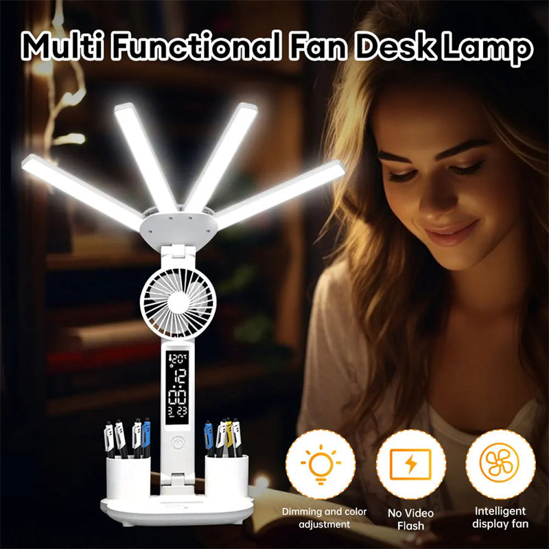 3-in-1 Multifunction LED Desk Lamp – Folding Desk Light with Fan, Clock Display & USB Charging
