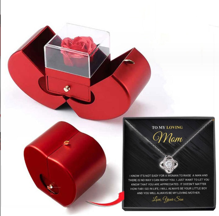 Apple-Shaped Eternal Rose & Necklace Gift Box – Heart Pendant with Soap Flower