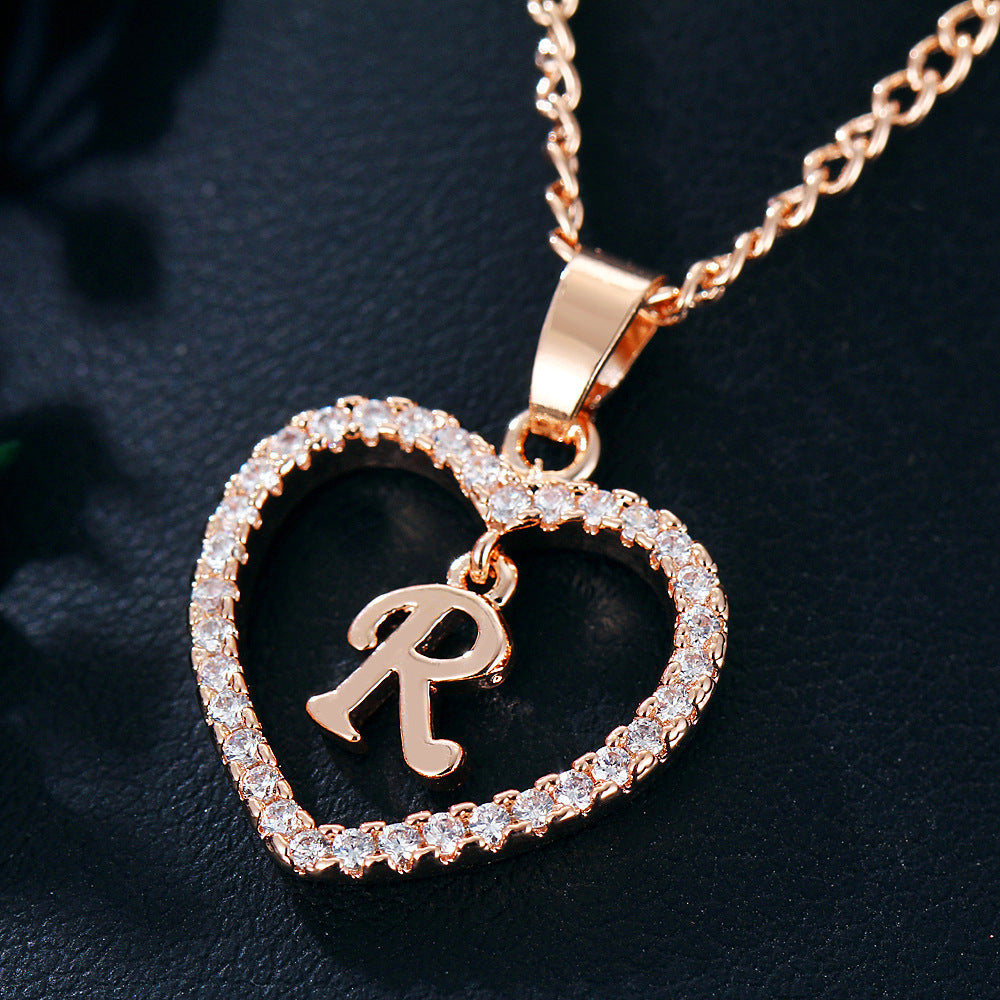 Alphabet Heart Zircon Pendant Necklace – Stainless Steel & Alloy Chain Jewelry