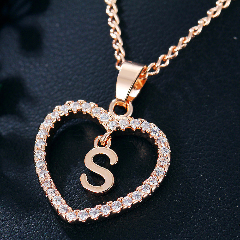 Alphabet Heart Zircon Pendant Necklace – Stainless Steel & Alloy Chain Jewelry