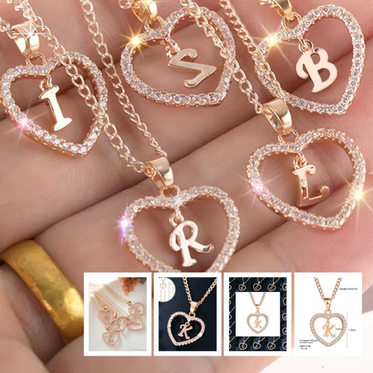 Alphabet Heart Zircon Pendant Necklace – Stainless Steel & Alloy Chain Jewelry