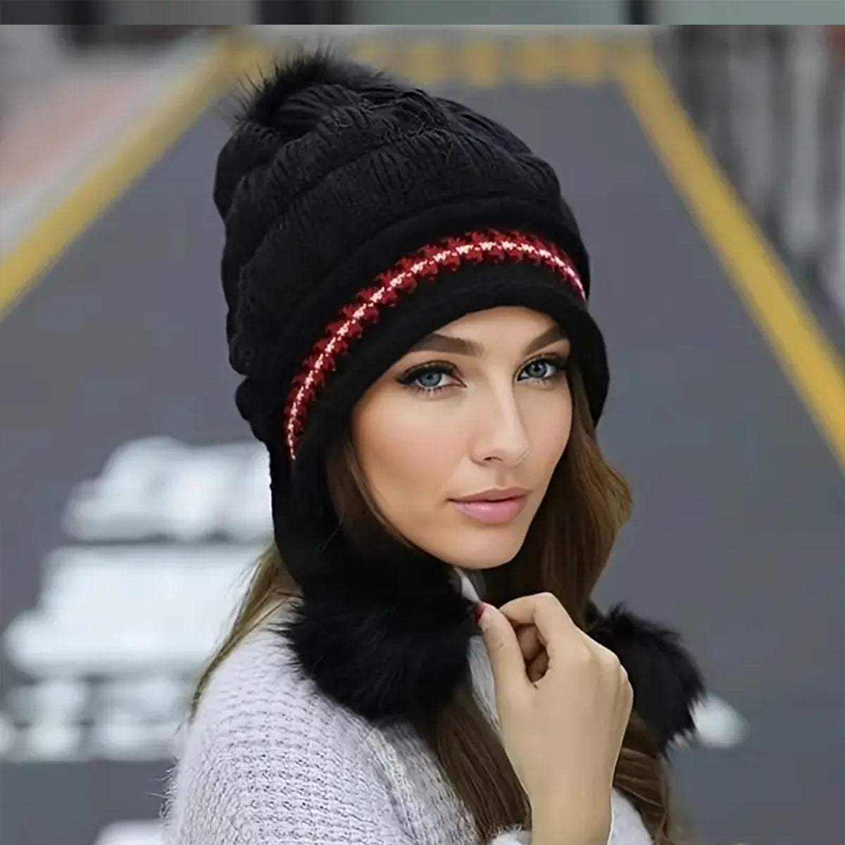 Knit Fleece-Feel Beanie with Ear Flaps & Pompom – Warm Winter Hat