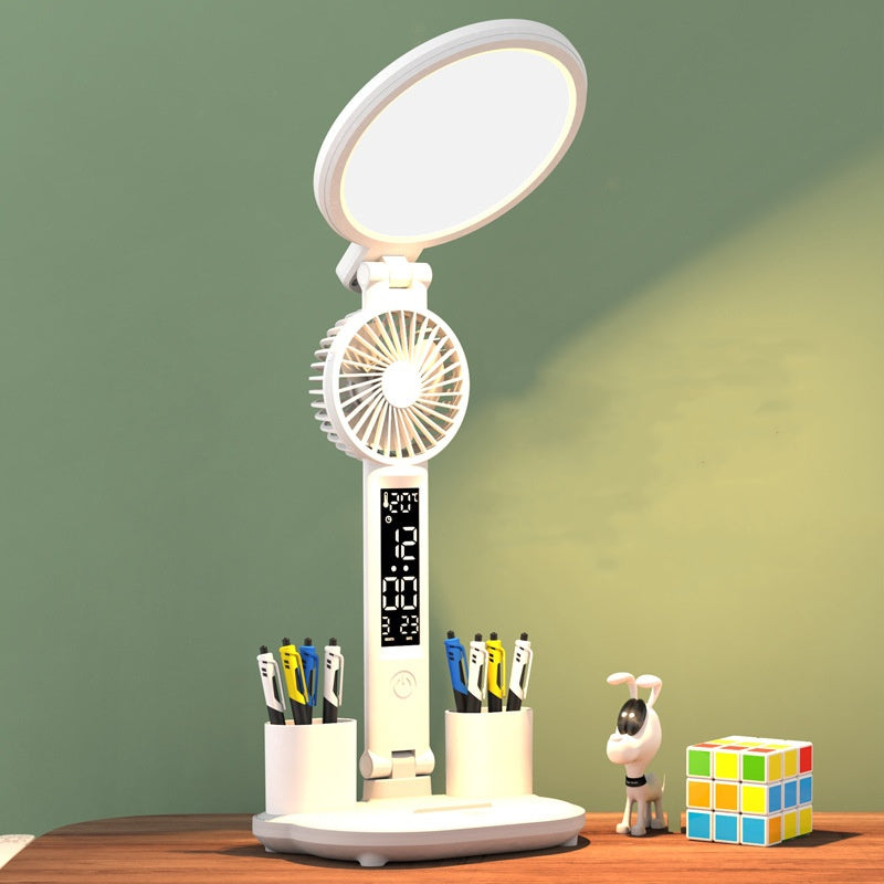 Foldable LED Desk Lamp with Clock and Pen Holder – USB Rechargeable Multifunction Office Light