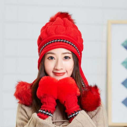 Knit Fleece-Feel Beanie with Ear Flaps & Pompom – Warm Winter Hat