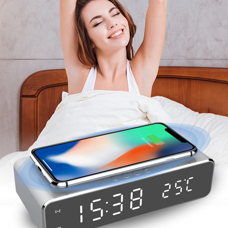 LED Mirror Alarm Clock with Wireless Charger & Temperature Display – Modern Digital Desk Clock with Snooze & HD Display