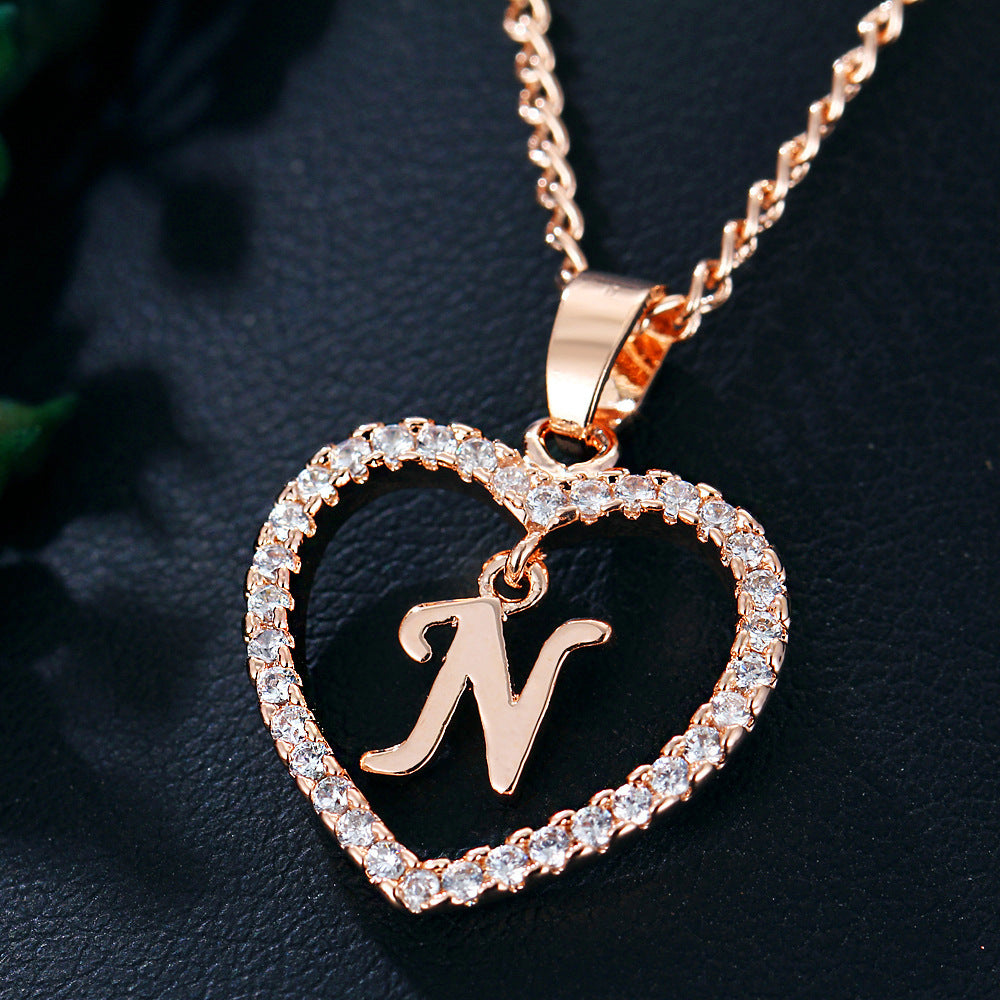 Alphabet Heart Zircon Pendant Necklace – Stainless Steel & Alloy Chain Jewelry