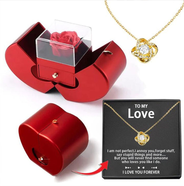 Apple-Shaped Eternal Rose & Necklace Gift Box – Heart Pendant with Soap Flower