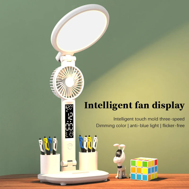 Foldable LED Desk Lamp with Clock and Pen Holder – USB Rechargeable Multifunction Office Light