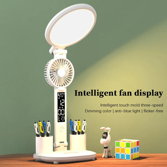 Foldable LED Desk Lamp with Clock and Pen Holder – USB Rechargeable Multifunction Office Light