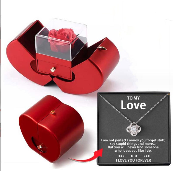 Apple-Shaped Eternal Rose & Necklace Gift Box – Heart Pendant with Soap Flower