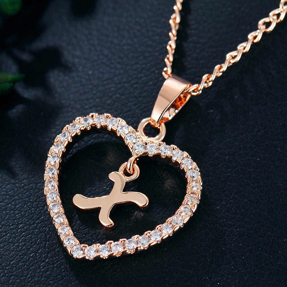 Alphabet Heart Zircon Pendant Necklace – Stainless Steel & Alloy Chain Jewelry