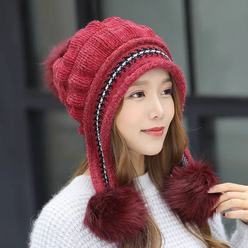 Knit Fleece-Feel Beanie with Ear Flaps & Pompom – Warm Winter Hat